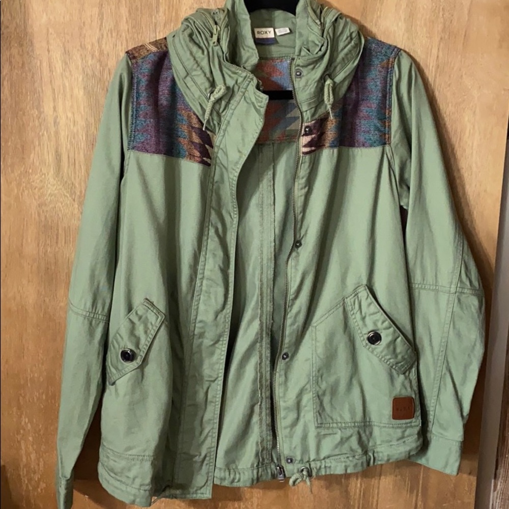 Green printed button up/zipper jacket